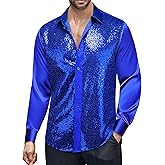 Barry.Wang Mens Disco Shirt Sequins Satin Shiny Metallic Long Sleeve Button Down Shirts 70s Vintage Cocktail Nightclub Rock