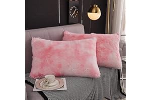 WERDIM Shaggy Faux Fur Pillowcases 2 Pack Button Closure Velvet Pillow Shams Standard/Queen Size (Tie Dye Pink, 20 X 26 Inches)
