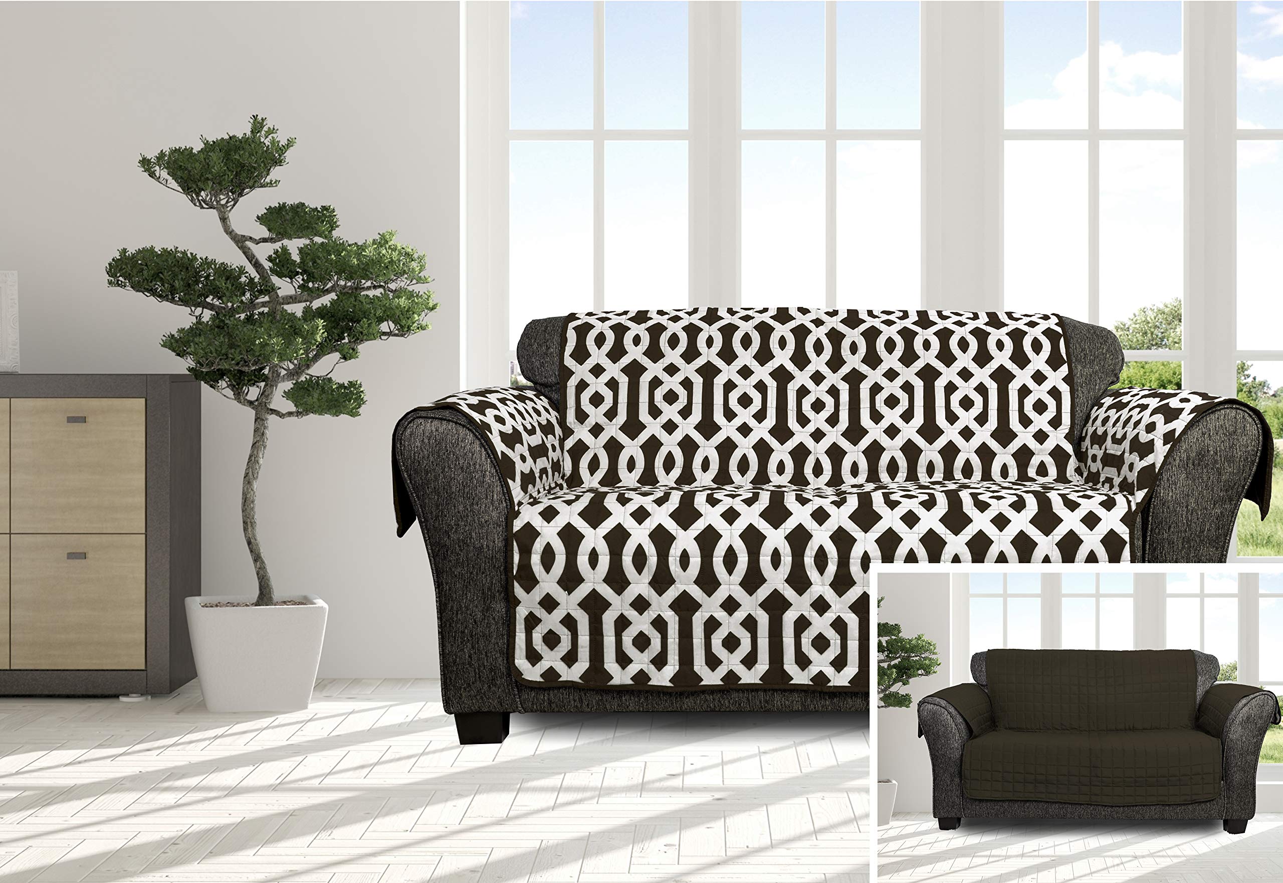 Quick Fit Ashmont Home Reversible Waterproof Microfiber Sofa Brown, Loveseat Cover