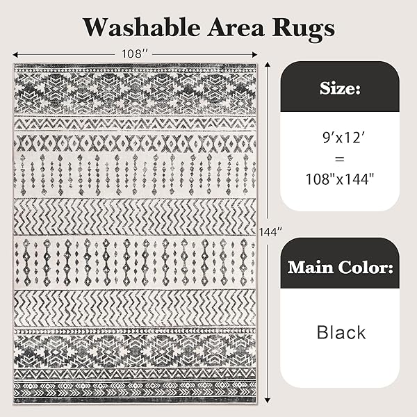 ART&TUFT 9X12 AREA RUG, SUPER SOFT ULTRA-THIN MOROCCAN WASHABLE RUG, ANTI-SLIP BACKING AREA RUGS 9X12 LIVING ROOM, FOLDABLE GEOMETRIC MACHINE WASHABLE AREA RUG(9’X12′, BLACK)