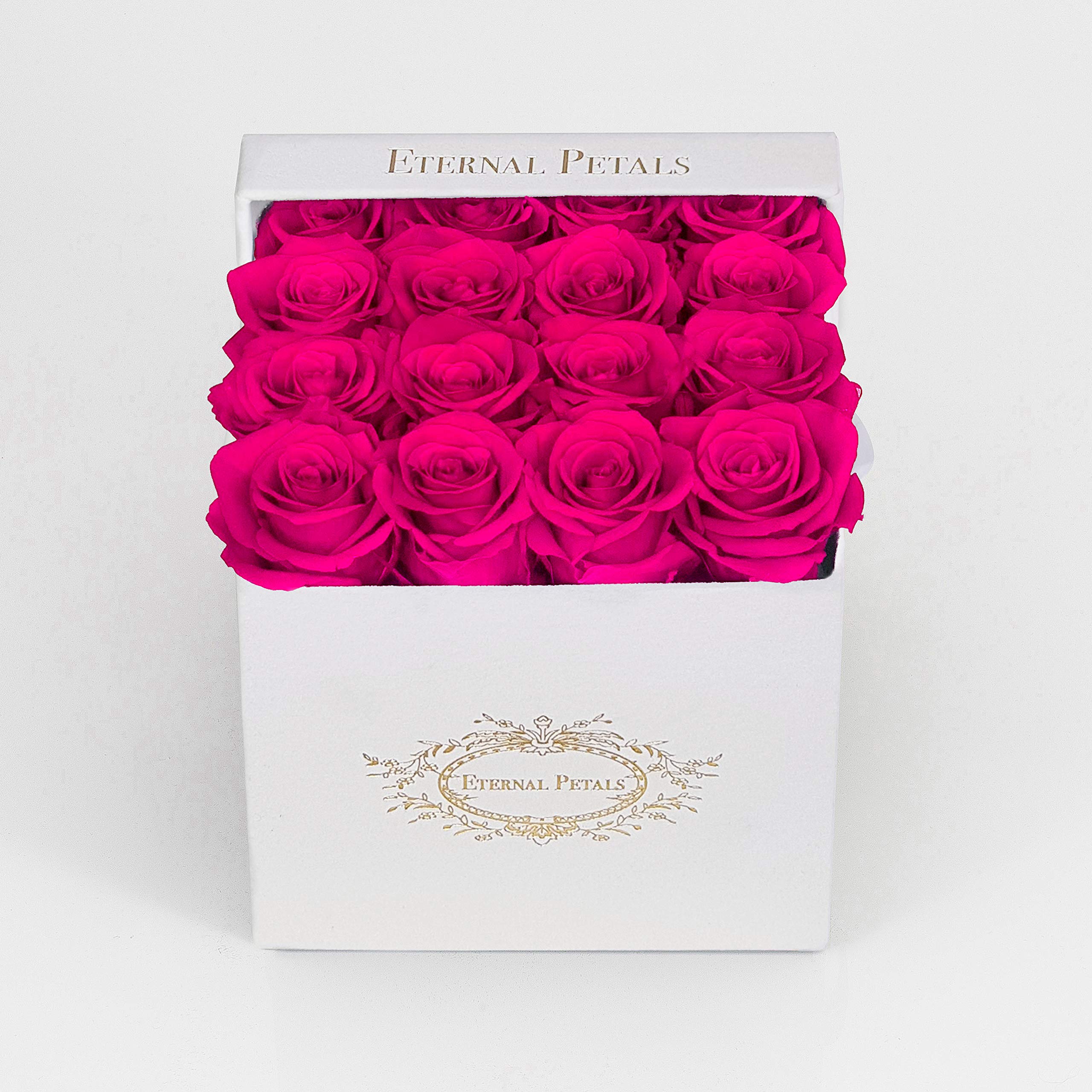 Real Roses That Last Years - Eternal Petals, Handmade in UK – 16 Roses, Square White Flower Box (Hot Pink)