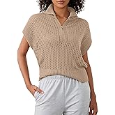 Ymejia Womens Spring Cap Sleeve Crochet Sweaters Loose Fit Quarter Zip Lightweight Hollow Out Beach Vacations Clothes