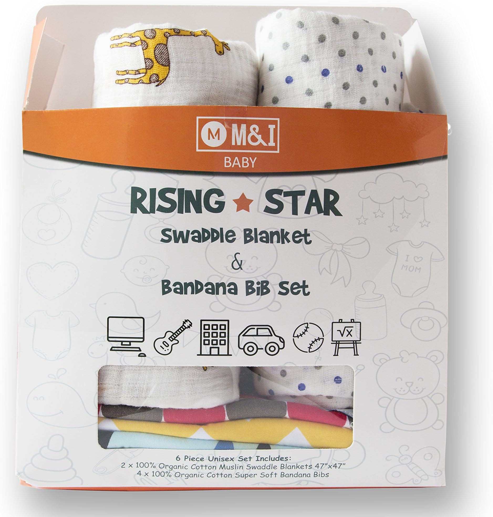 MI RisingStar Baby Gift Set - 2 Muslin Swaddle Blankets and 4 Bandana Drool Bibs for Boys and Girls - 100% Organic Soft Cotton - Comfortable, Stylish and Machine Washable