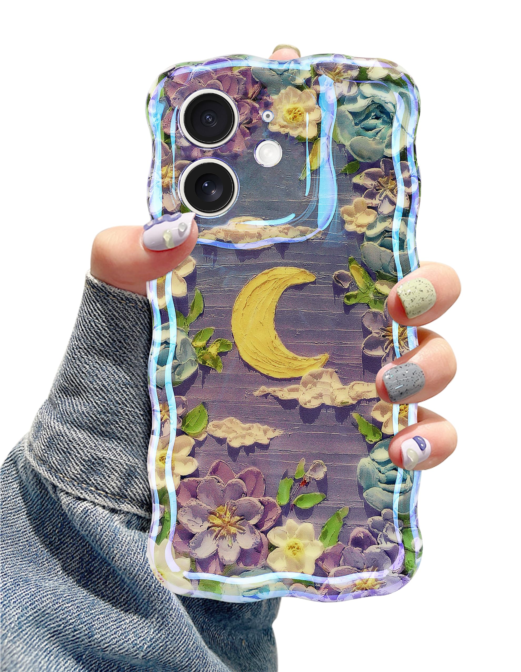 Jusy Compatible with iPhone 12, Colorful Retro Oil Painting Printed Flower Laser Glossy Pattern Cute Curly Wave Phone Case Soft TPU Cover for Girly Women - Purple Moon