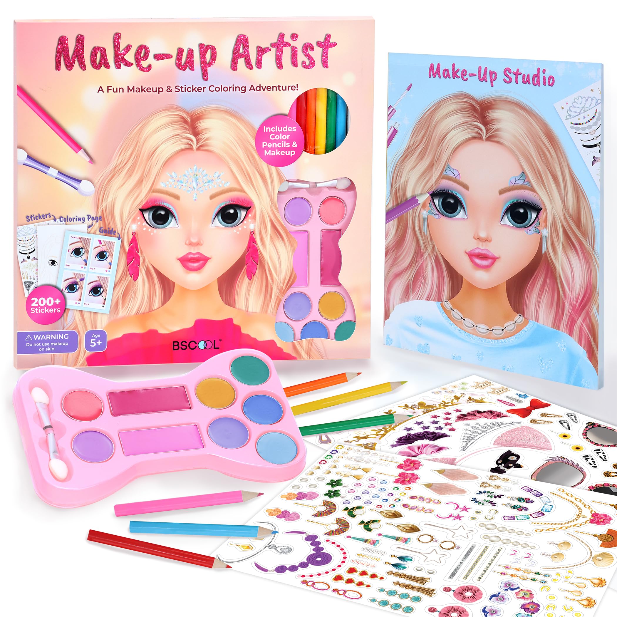 BSCOOL Make-up Artist. 3 in 1 Fun Makeup, Sticker, Coloring Kit, Includes Color Pencils, Makeup Palette, and 200+ Stickers. for Girls Ages 5,6,7,8. Make Up Style Coloring Book. Easter Gift for Girls