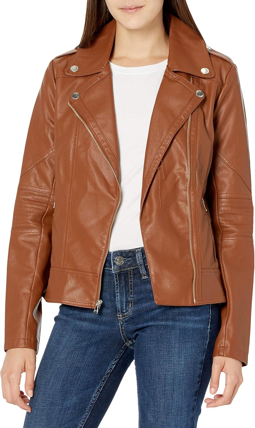 guess brown leather jacket womens