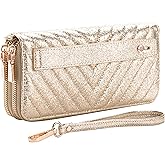 B BRENTANO Vegan Leather Double Zipper Pocket Wallet with Grip Hand Strap (GOLD GLITTER)