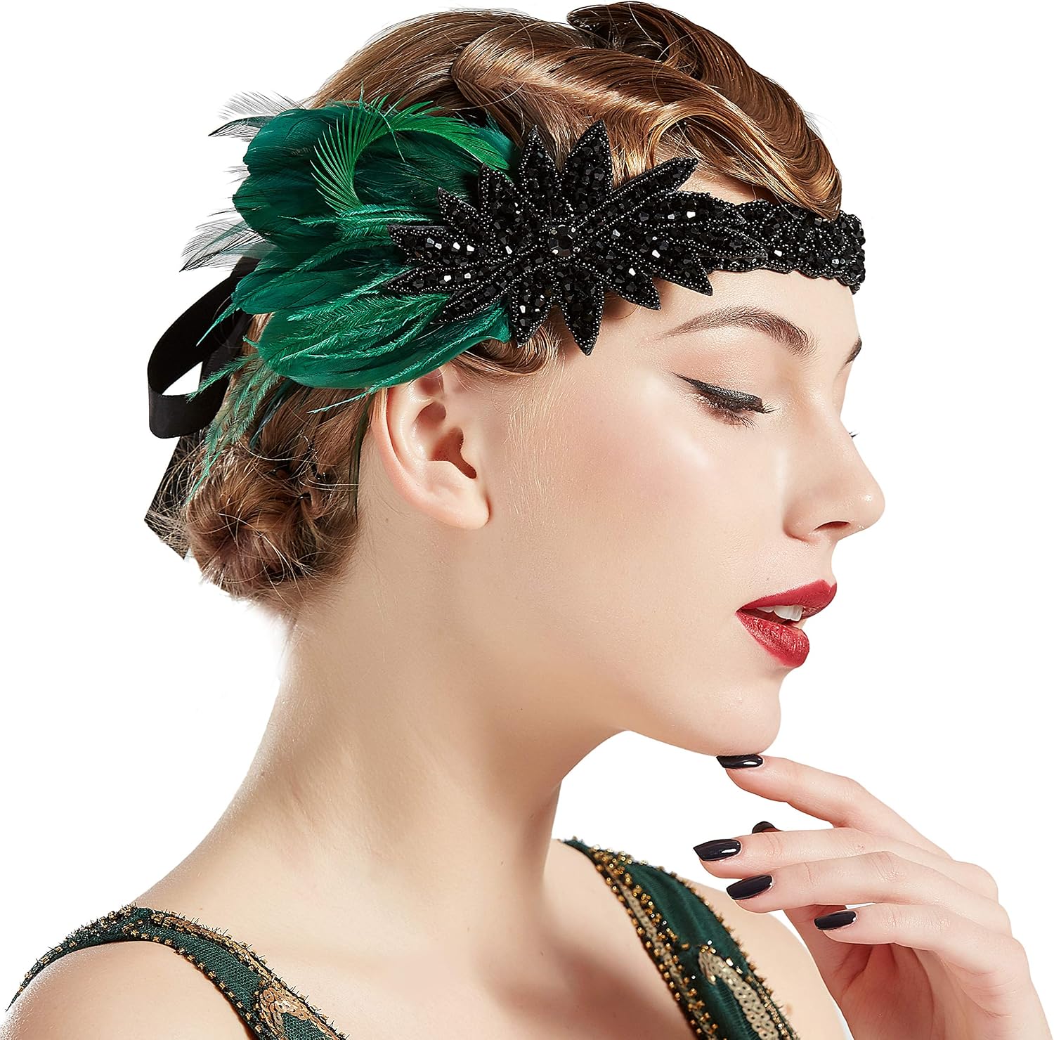 BABEYOND 1920s Feather Flapper Headband - Great Gatsby Headpiece Roaring 20s Hair Accessories for Gatsby Party Prom, Cocktail Darkgreen