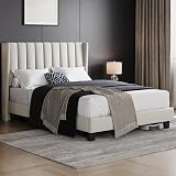 Yaheetech Double Bed Frame Upholstered Platform Bed Beige 4ft6 Wing Headboard view 3