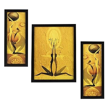 Indianara Modern Abstract Synthetic Wood Paintings Without Glass 5.2 X 12.5, 9.5 X 12.5, 5.2 X 12.5 inch - Set of 3 Pieces