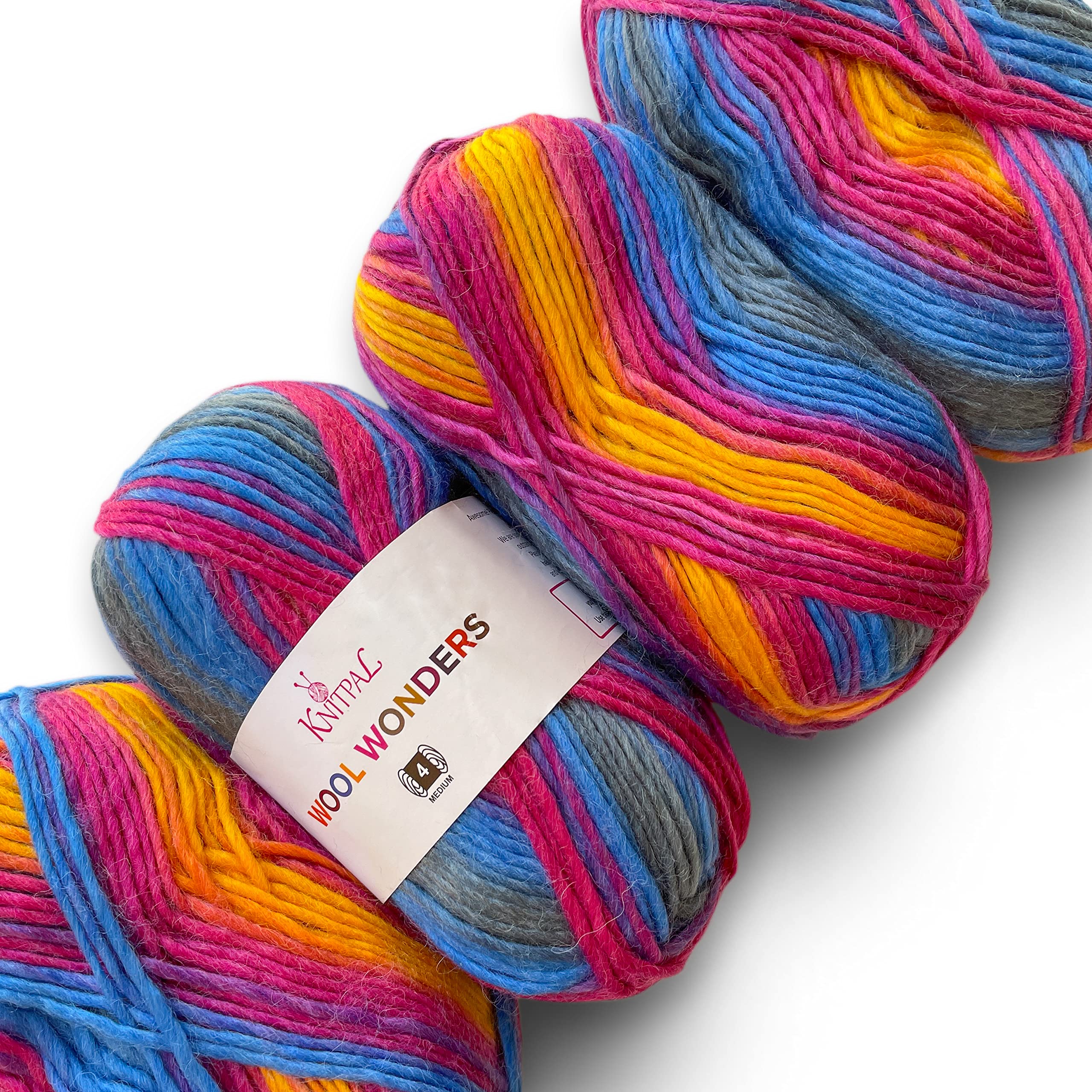 Wool Wonders Self-Striping Variegated #4 Medium Heavy Worsted/Aran Weight Thick Yarn, 30% Australian Wool and 70% Acrylic, 4 Skeins, 400g/584m (Lollipop Swirl)