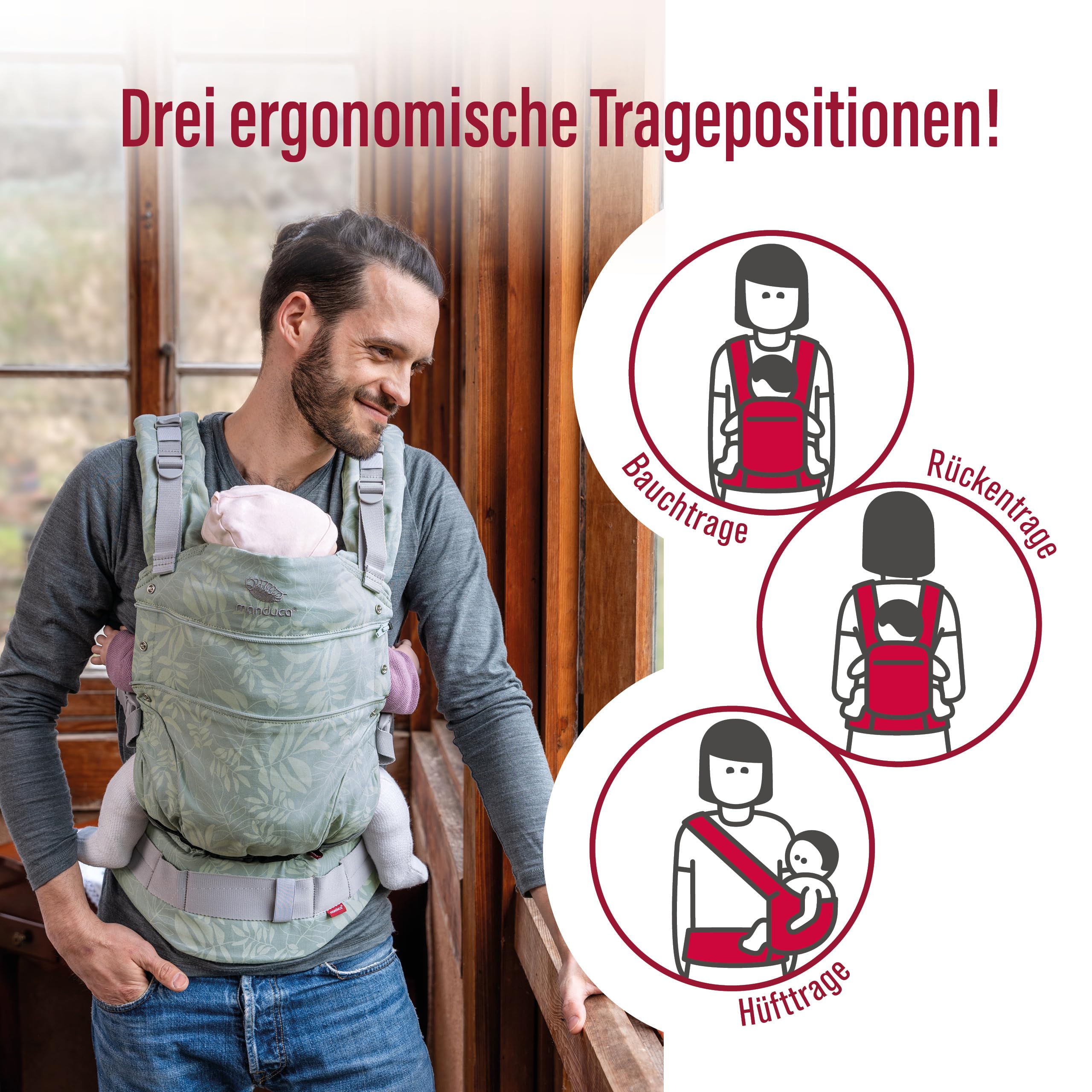 manduca First Babytrage - Verstellbarer und vielseitiger Tragesitz für Babys und Kleinkinder (3,5-20 kg) - Babytrage mit Front-, Hüft- und Rückentragefunktion ,Botanic Green 4