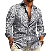 Barry.Wang Mens 70s Disco Dress Shirts Paisley Long Sleeve Designer Outfit Floral Top for Dance Party Casua