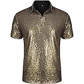 URRU Men's Relaxed Short Sleeve Turndown Sparkle Sequins Polo Shirts 70s Disco Nightclub Party Shirt Tops