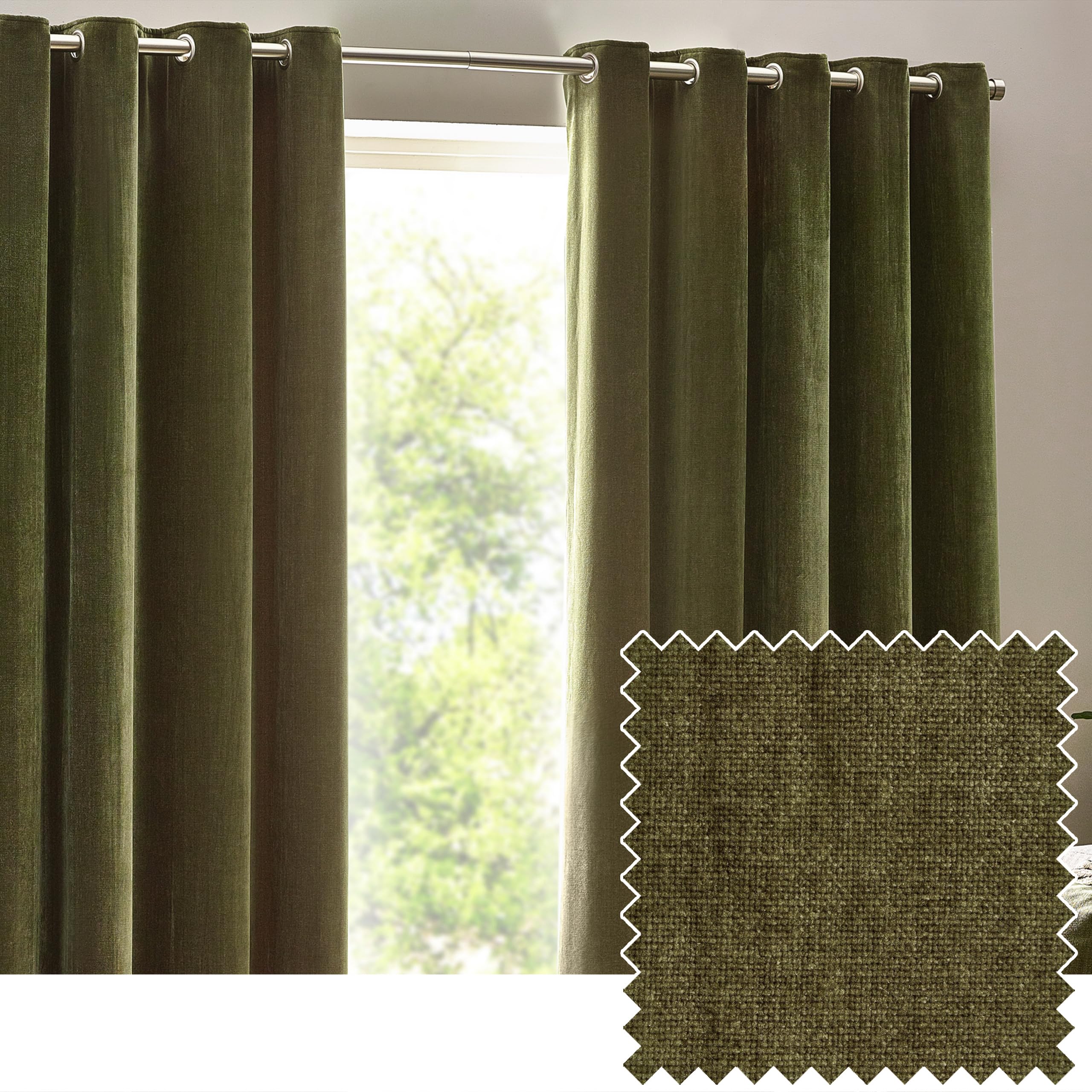 Yard Heavy Chenille Eyelet Curtain Pair – Lined Room Darkening, Soft Velvet Home Décor (Olive - Width 117 x Drop 183cm)