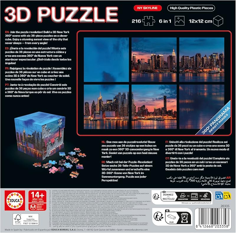 - Panorama do Skyline do Puzzle 3D de Nova Iorque | O Desafio do Puzzle em Forma de Cubo com 216 Peças | Estrutura: Base Montável Coberta por 6 Puzzles de 36 Peças | Dos 8 anos de idade (20335)