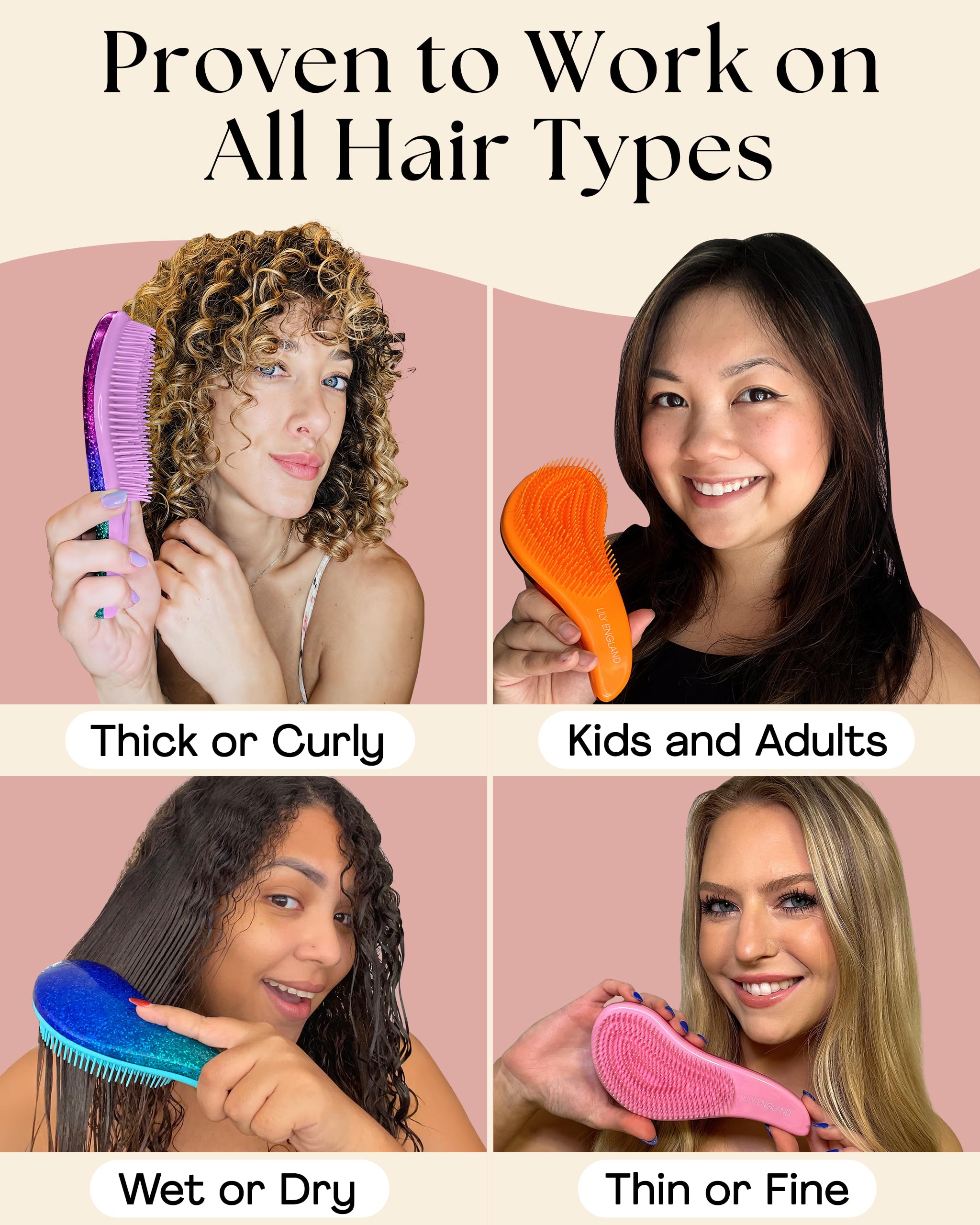 Lily England Detangler Hair Brush for Curly, Thick, Straight & Natural Hair - Gentle Detangling Brush for Women, Kids & Toddlers with Flexible Bristles - Smooth Hairbrush for Wet & Dry Hair, Ombre