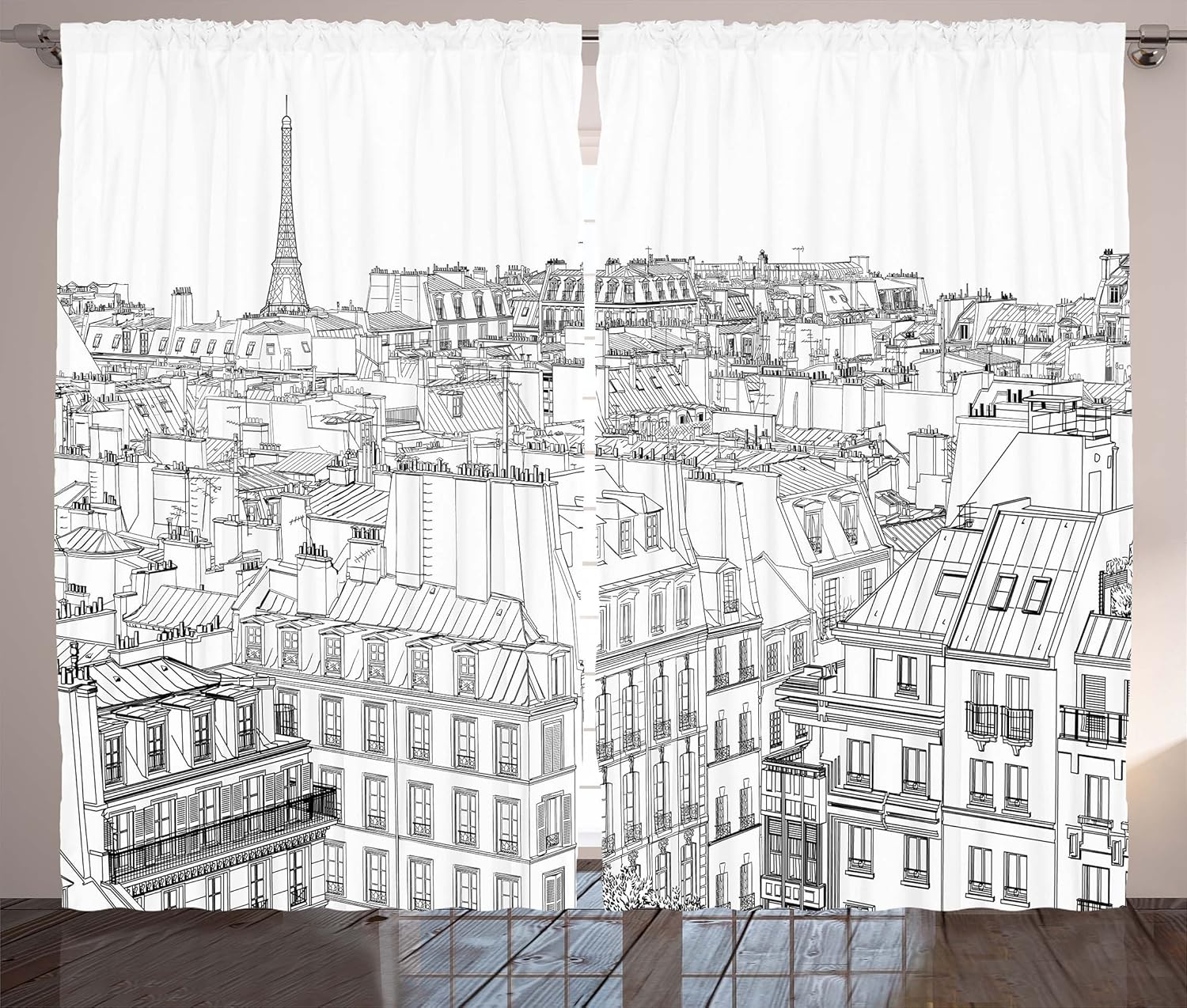 Ambesonne Paris Curtains, Architecture Theme Design Illustration of Roofs in Paris and Eiffel Tower Print, Living Room Bedroom Window Drapes 2 Panel Set, 108