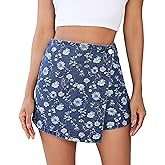 luvamia Denim Skorts for Woman Trendy Floral Print Faux Wrap Stretchy High Waisted Elasitc Waist Jean Shorts Skirt Skort