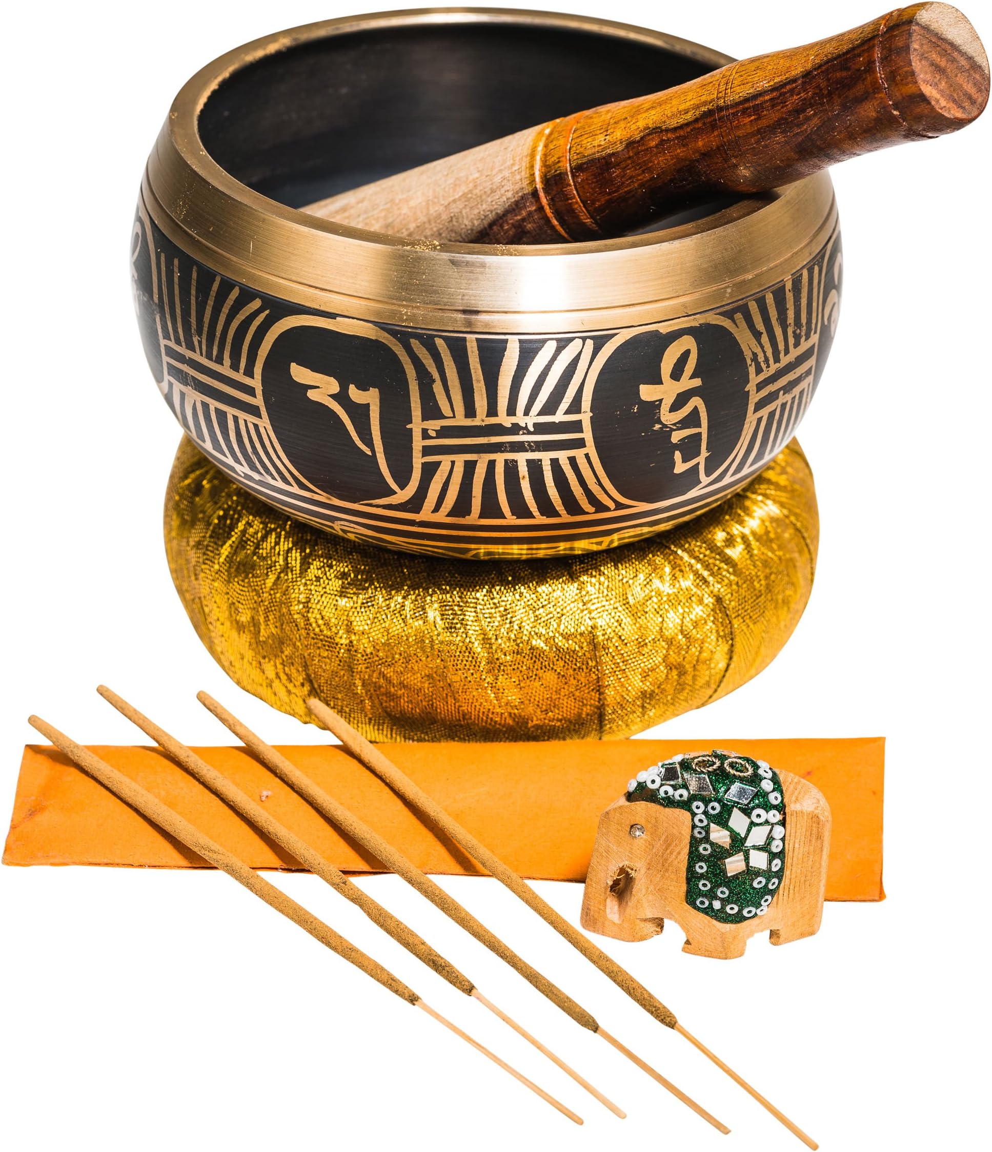 Tibetan Handmade 5รข Singing Bowl Set by ZENITA ~ With Mallet, Silk Cushion, Incense Sticks & Elephant Holder ~ Good For Yoga, Meditation & Chakra Balancing