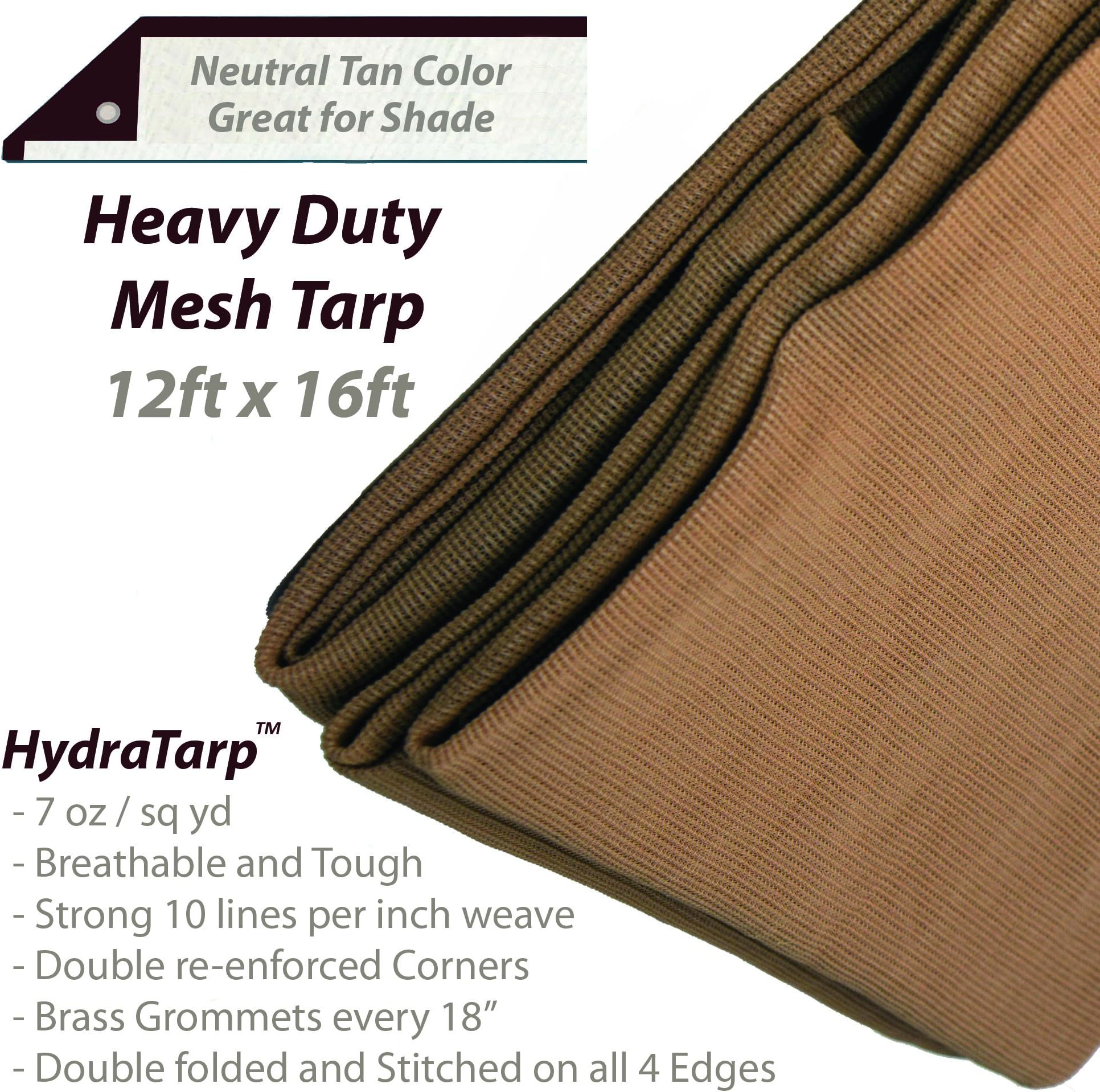 HydraTarp 12 Ft. X 16 Ft. Heavy Duty 7oz Breathable Mesh Tarp - 7 oz per/sq yd Weight - Neutral Tan Color