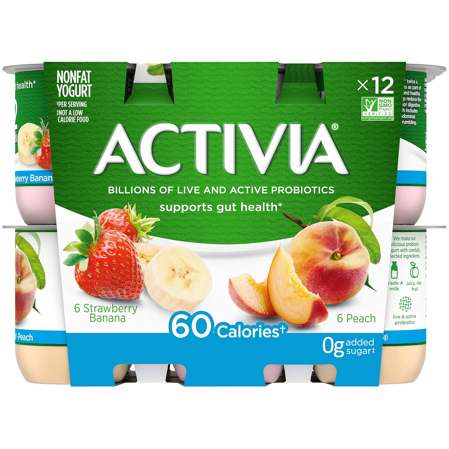 Danone activia Light strawberry banana, Peach non fat yogurt - 12ct (036632027641)