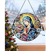 Virgin Mary & Flowers Stained Glass Window Hanging - 8" Round for Catholic Women, Religious Suncatcher for Indoor Window, Spiritual Birthday/Bereavement Gifts for Women