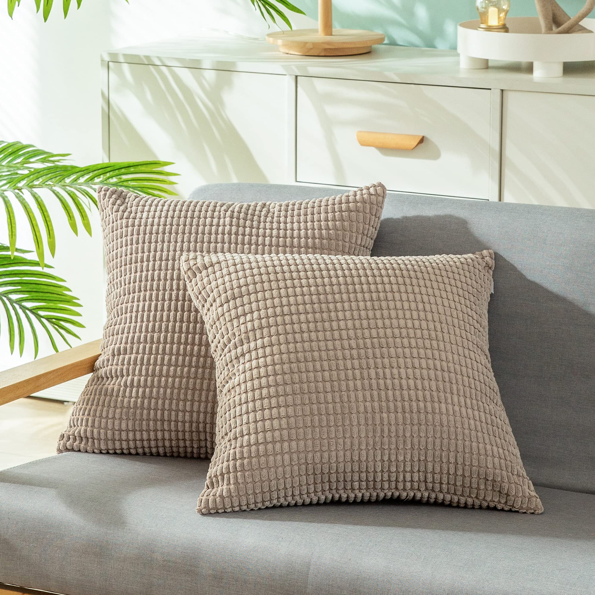 CaliTime Pack of 2 Comfy Throw Pillow Covers Cases for Couch Sofa Bed Comfortable Supersoft Corduroy Corn Striped Both Sides 40cm x 40cm Light Taupe — image 1