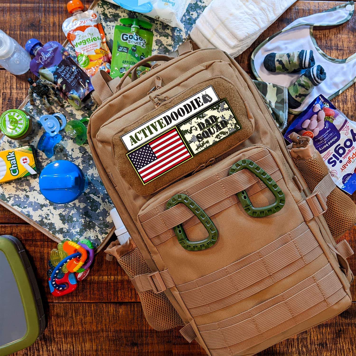 Dad Diaper Bag for Men with Removable Morale Patches, Waterproof Changing Pad, Insulated Pouches, Molle Webbing, YKK Zippers, Coyote Brown