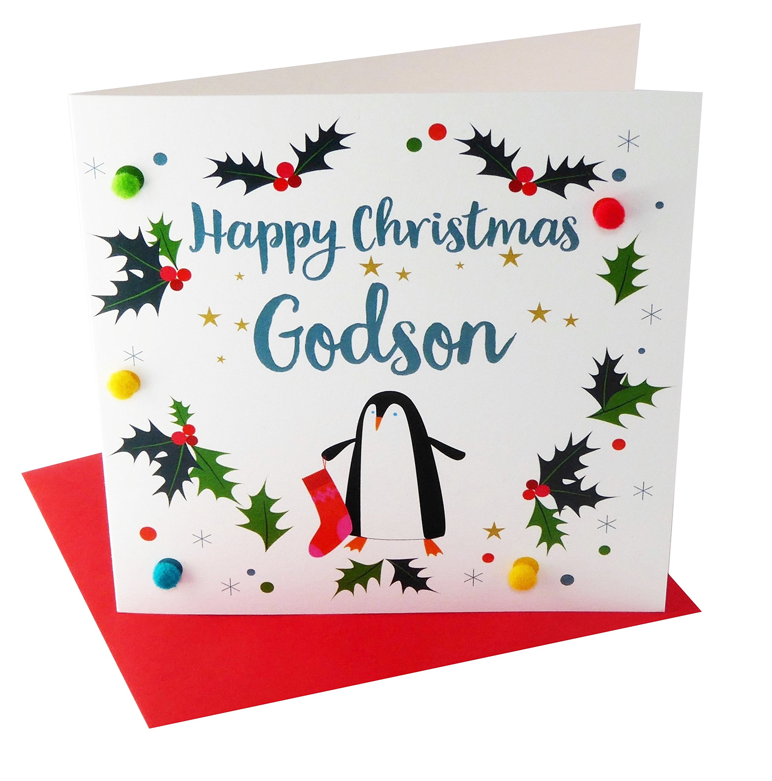 Claire Giles Greeting Cards, Happy Christmas Godson Card, Penguin design xmas Greeting Card, Embellished with colourful Pompoms