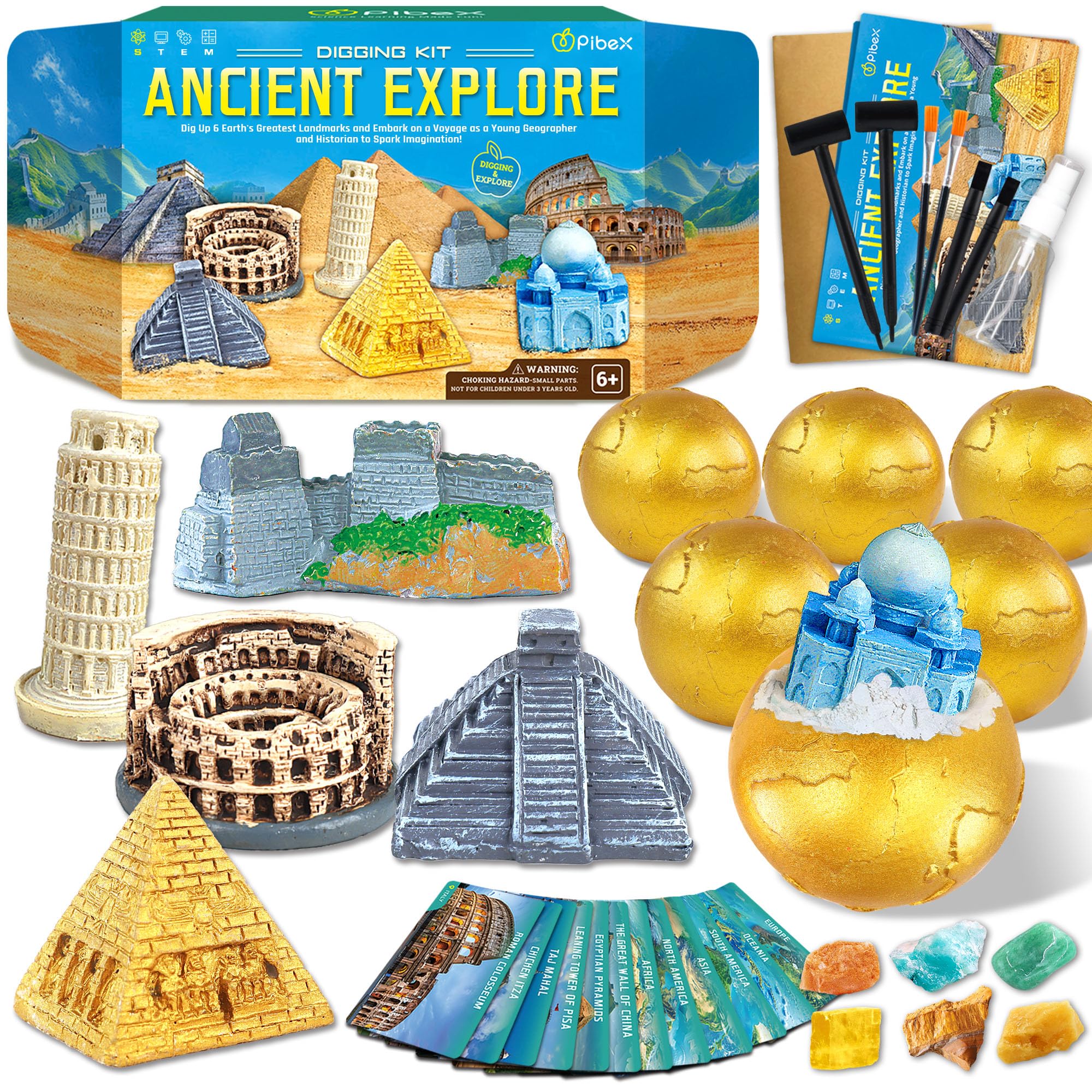 Ancient Wonders Dig Kit, Excavate 6 Treasure Landmarks Figurines & 6 Rocks, with History Learning Cards, Wonders of The World Toy Archaeology Set, STEM Party Favor Gifts for Boys & Girls Age 6+