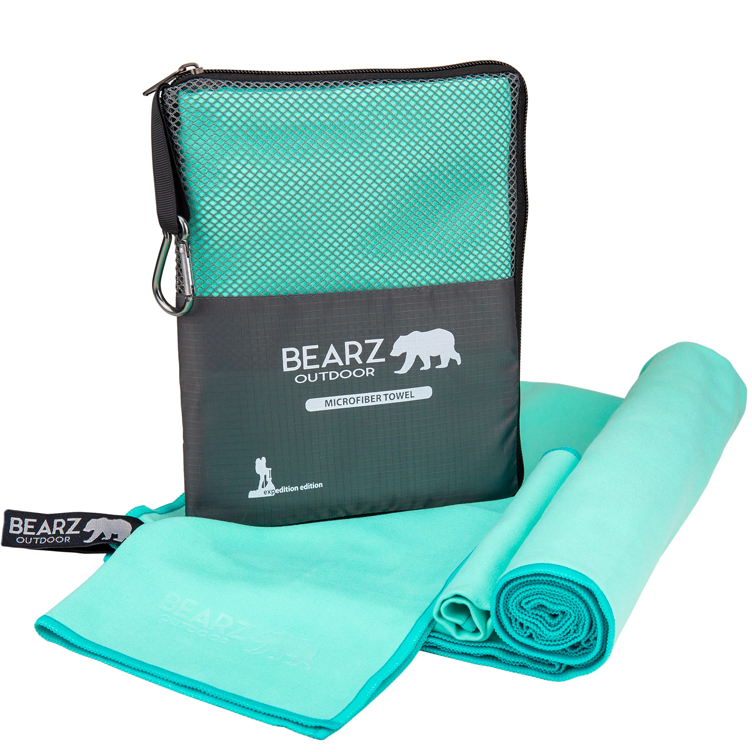BEARZ Outdoor Quick Dry Towel - Microfiber Travel Towel for Backpacking, Hiking, Gym, Camp (Includes Bonus Face Cloth) Mint Green