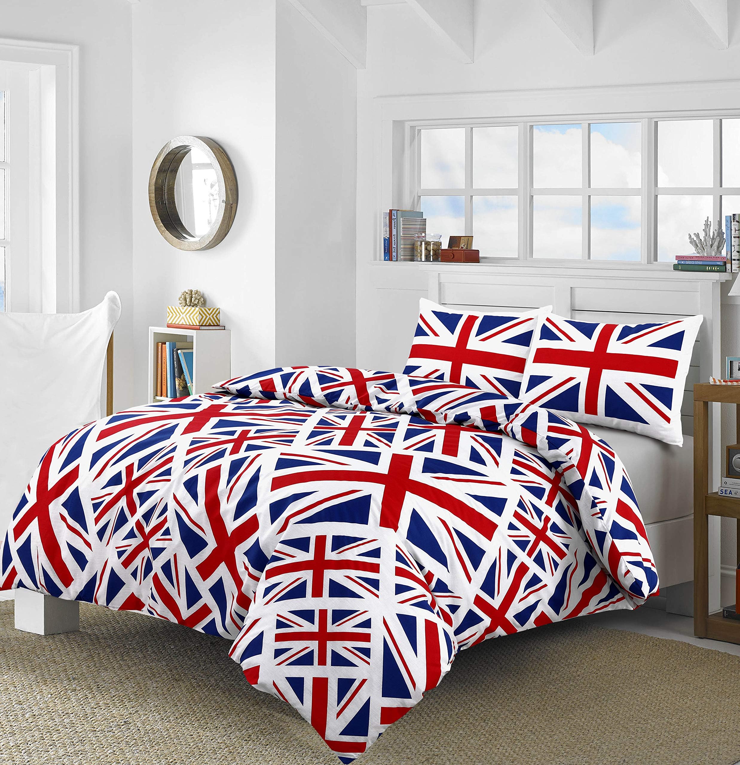 Lifestyle Production Modern Union Jack Printed Reversible Duvet Cover Sets Bedding Pillow Cases Single, Double, King, Super King (Single, Union Jack- Red/Blue)