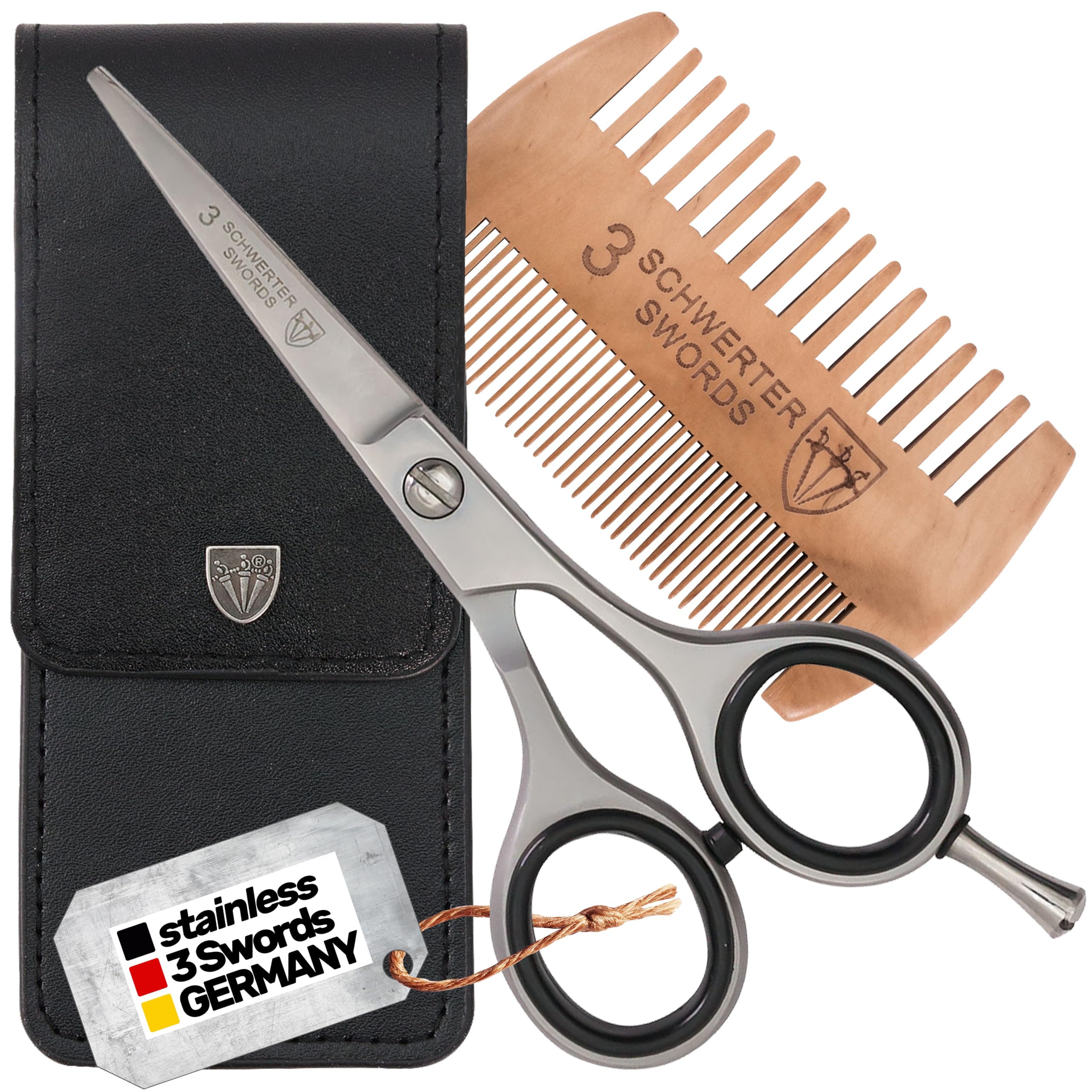 3 Swords Germany – Professional Beard Hair Scissors, Stainless Steel, Straight Blade, Sharp, with Wooden Beard Comb with case