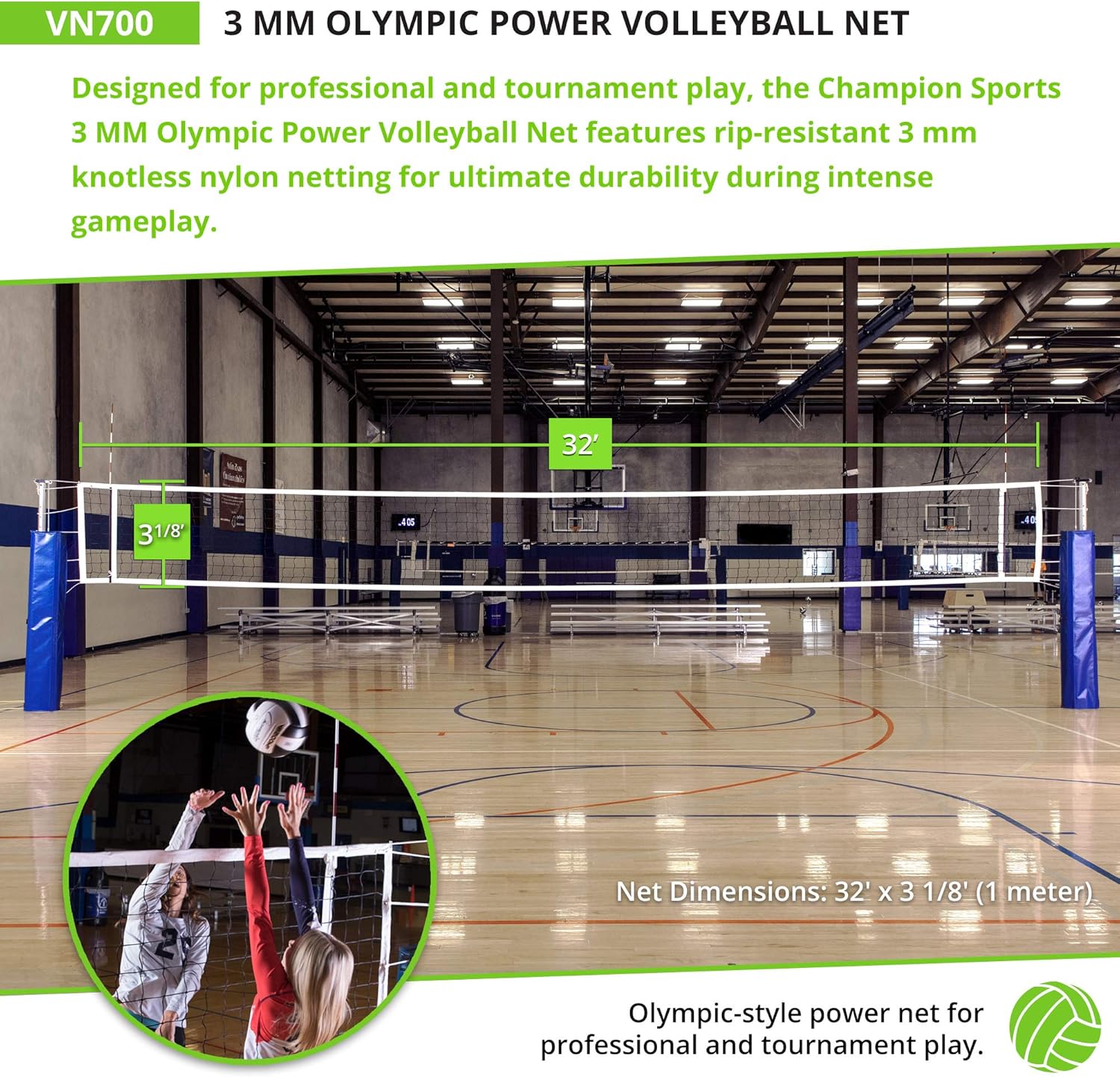 Champion Sports Official Volleyball Net Set, Olympic-Sized 32 x 3 ⅛ feet, 3mm Nylon Netting, for Tournament Play - Durable, Professional Volleyball Nets - Premium Volleyball Training Equipment : Sports & Outdoors