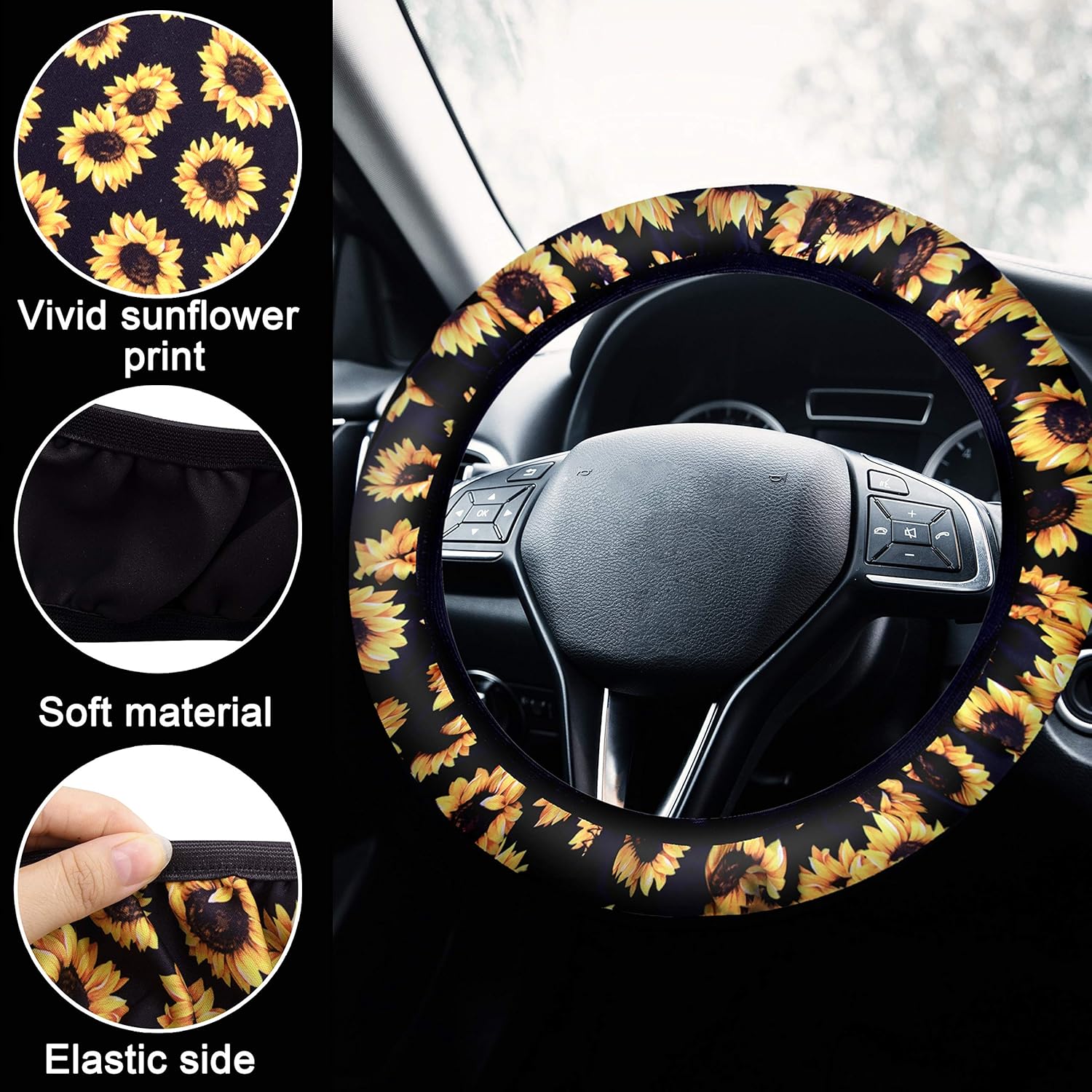 BQTQ 16 Pcs Sunflower Car Accessories with 2 Pcs Car Front Seat Covers 1 Pc Steering Wheel Cover 2 Pcs Seat Belt 2 Pcs Coaster 2 Pcs Keyrings 1 Pc Lanyard 2 Pcs Vent Decor 2 Pack Fragrance Cotton Pad: Automotive