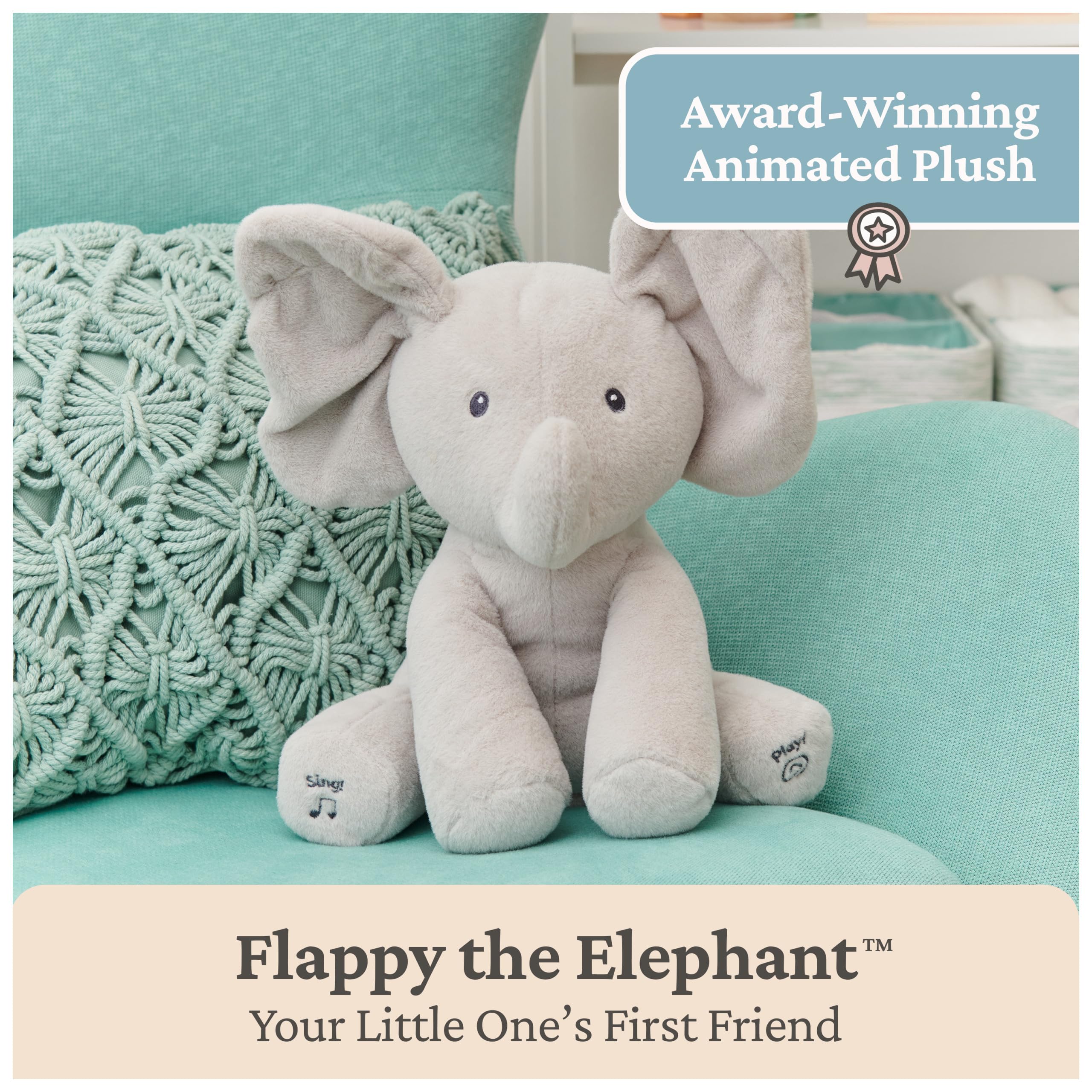 Animated Flappy The Elephant Plush, Singing Stuffed Animal Baby Toy for Ages 0 and Up, Gray, 12