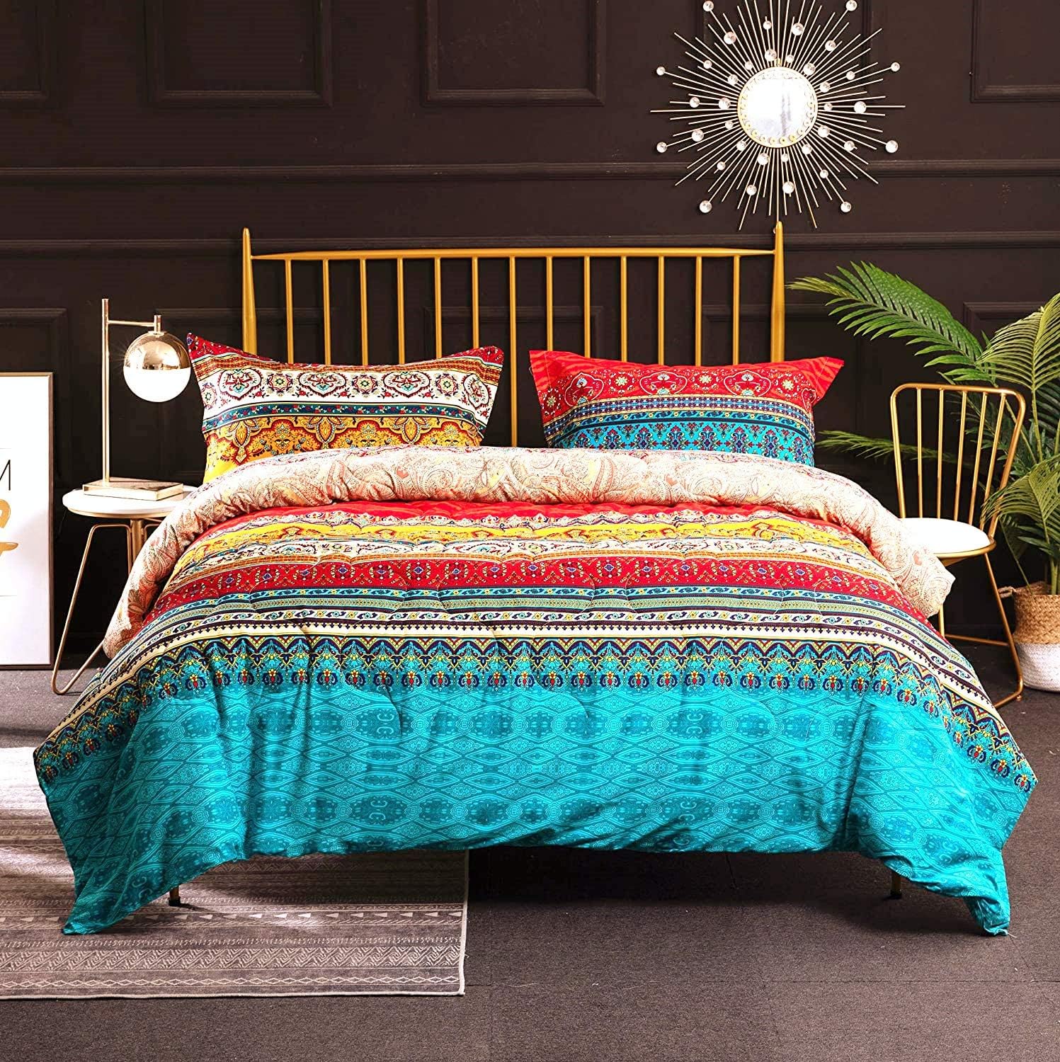 YOU SA 3Pcs Bohemian Comforter Set 100% Cotton Fabric with Soft Microfiber Fill Bedding Boho Bedding (Twin,01): Home & Kitchen