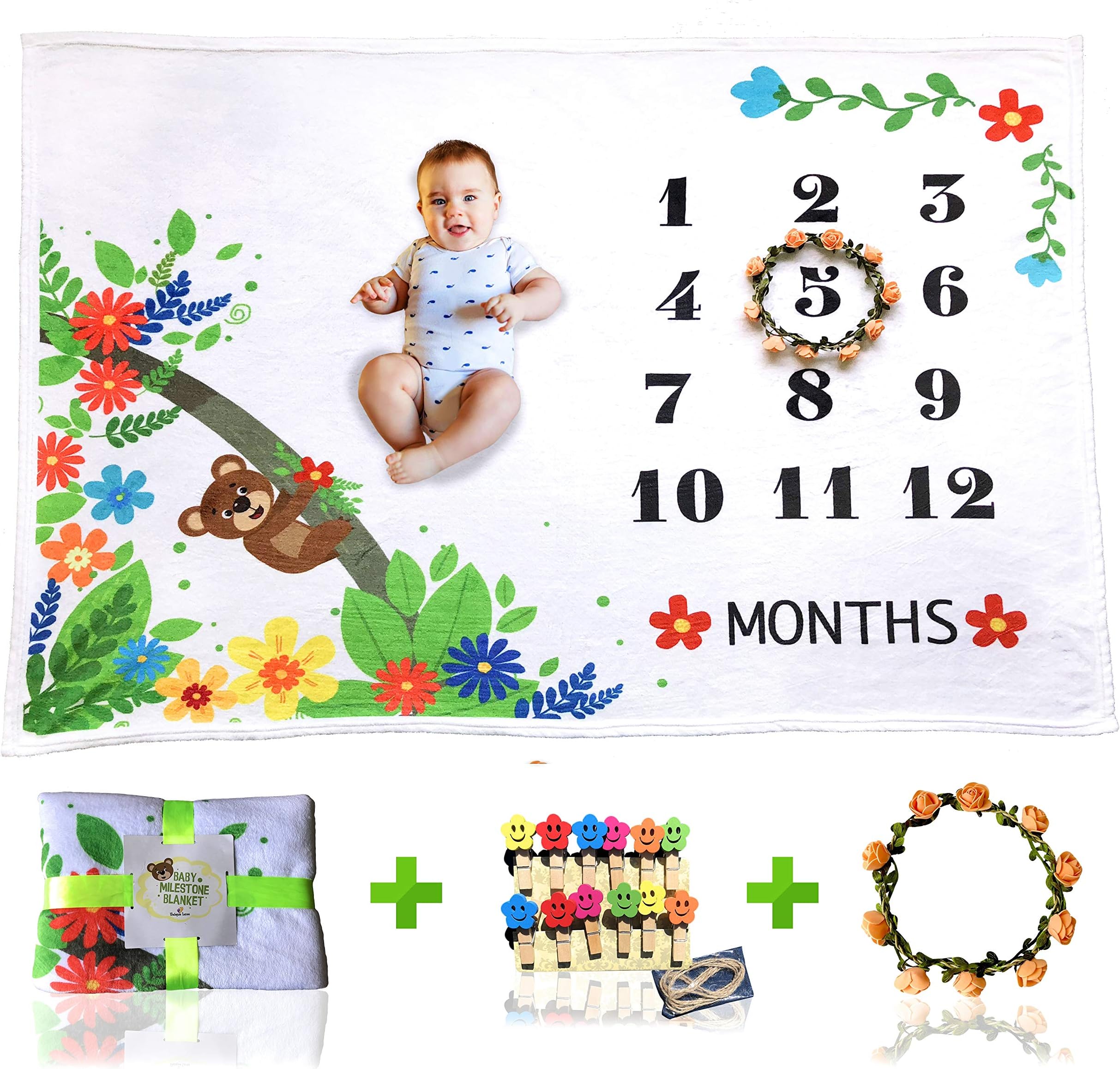 Baby Monthly Milestone Blanket for Boy Girl, Large Personalized Photography Background Blankets, Thick Fleece for Mom Newborn Baby Shower Gifts + Frame + Photo Clips (Bear Blanket, 60"x40")