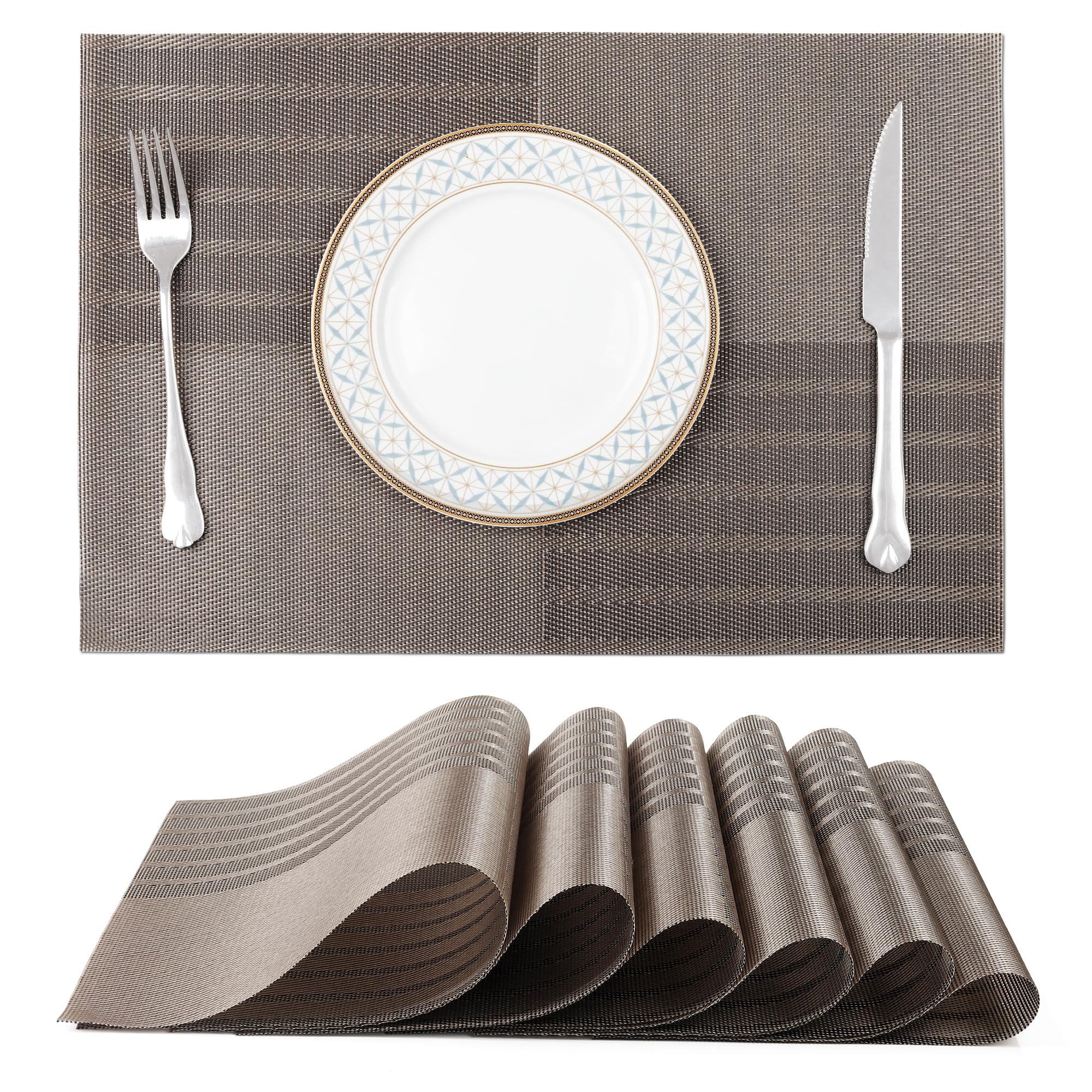 fanquare Placemats Set of 6, Washable Non-slip Heat Resistant Place Mat, Brown Stripe PVC Woven Table Mats for Kitchen Dinning Restaurant, 45cm x 30cm