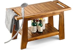 TINAMO 28" Teak Shower Benches for Inside Shower - 400 Lbs Capacity -Wooden Shower Stool Waterproof for Shaving Legs - Bench Seat with Storage Towel Shelf for Bathroom - Chair Spa Bath Nail Shave