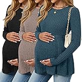 JoyMotion 3 Pack Women's Maternity Shirts, Ribbed Long Sleeve Pregnancy Sweaters Tunic Pleated Tops Crew Neck Casual Blouses