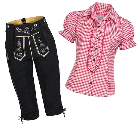 Damen Set Trachten Lederhose Kniebund schwarz + Träger + Trachtenbluse Ronda kariert in versch. Farben