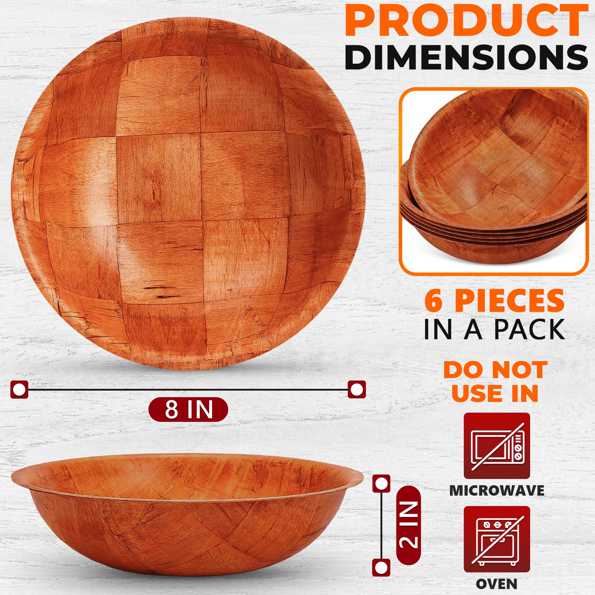 6Pcs Wooden Salad Bowl Set - 8 Inch Decorative Bowls for Kitchen Large Serving Bowls for Entertaining Small Snack Bowls Set Soup - Fruit Bowl for Kitchen Counter Salad Bowls for Lunch Serving Bowl Set - Image 2