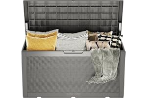 EAST OAK Outdoor Storage Box, 100 Gallon Deck Box, Waterproof Resin Storage Bench for Patio Cushions, Gardening Tools, Pool Accessories, Lockable, UV Resistant, Grey