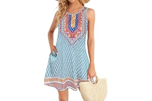 ELESCAT Summer Dresses for Women Beach Boho Sleeveless Vintage Floral Flowy Pocket Tshirt Tank Sundresses