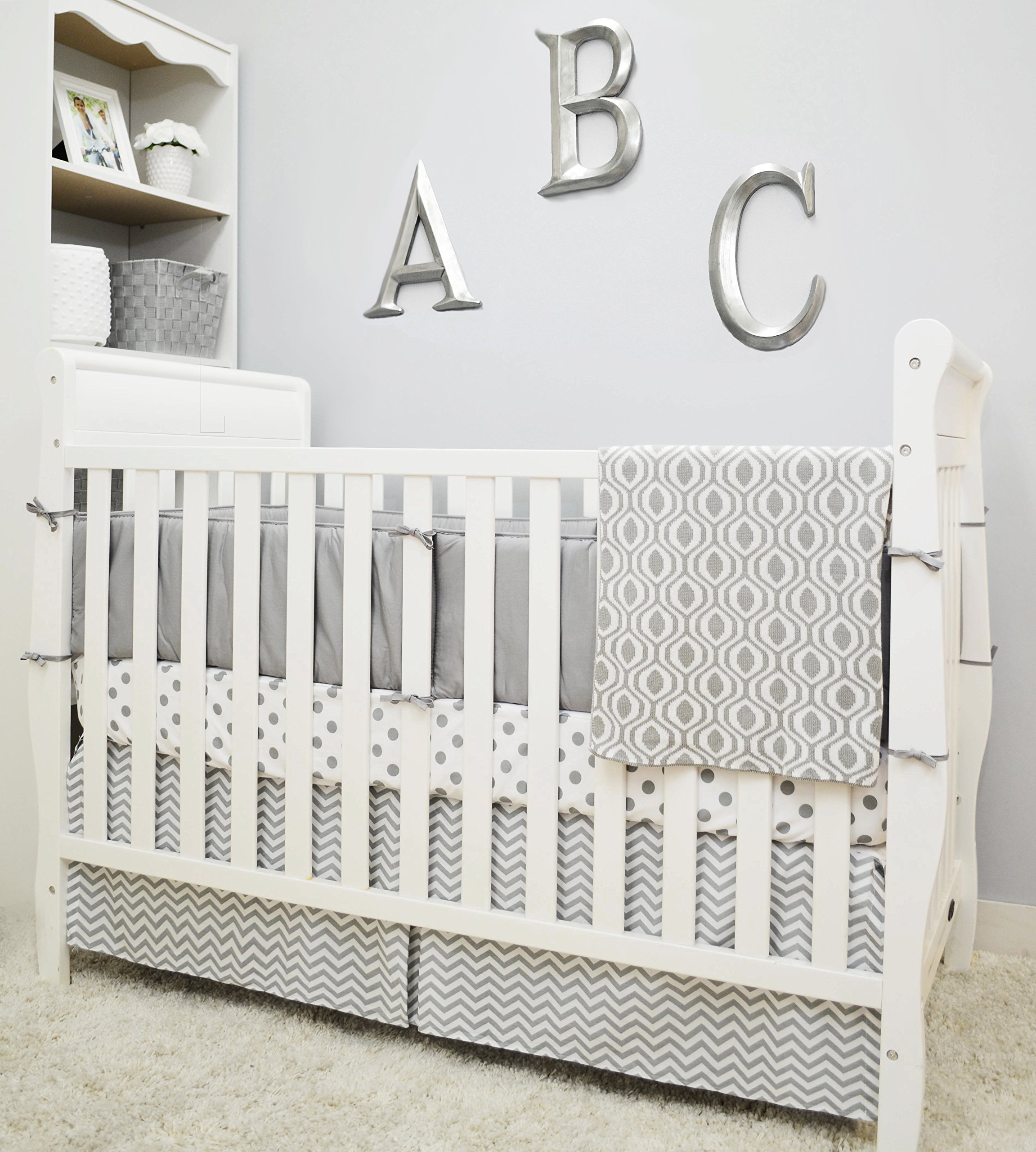 100% Cotton Tailored Crib Skirt with Pleat, Gray Zigzag, for Boys and Girls