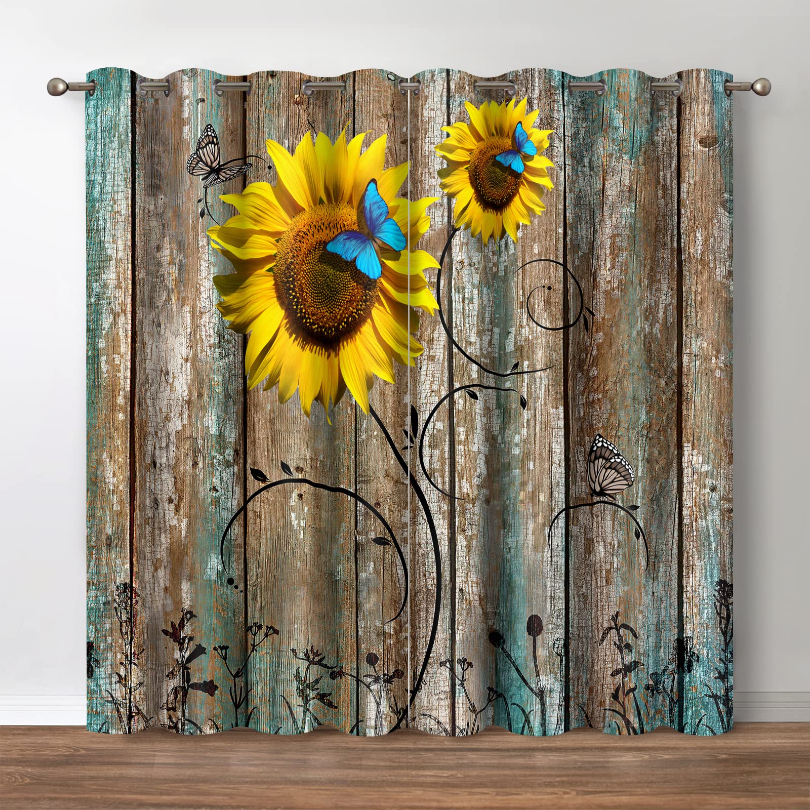 Photo 1 of Jekeno Sunflower Blackout Curtains Rustic Floral Country Curtain Farmhouse Primitive Rural Wood Texture Theme Decor for Bedroom Living Room Grommet Window Drapes, 52 Wide 63 Long inches, 2 Panels