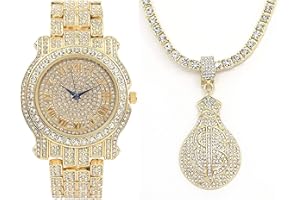 Charles Raymond Bling-ed Out Rapper Favorites - Ice'd Pendant with Gold Necklace and Fully Bling'd Out Luxurious Gold Watch Set - NW2021