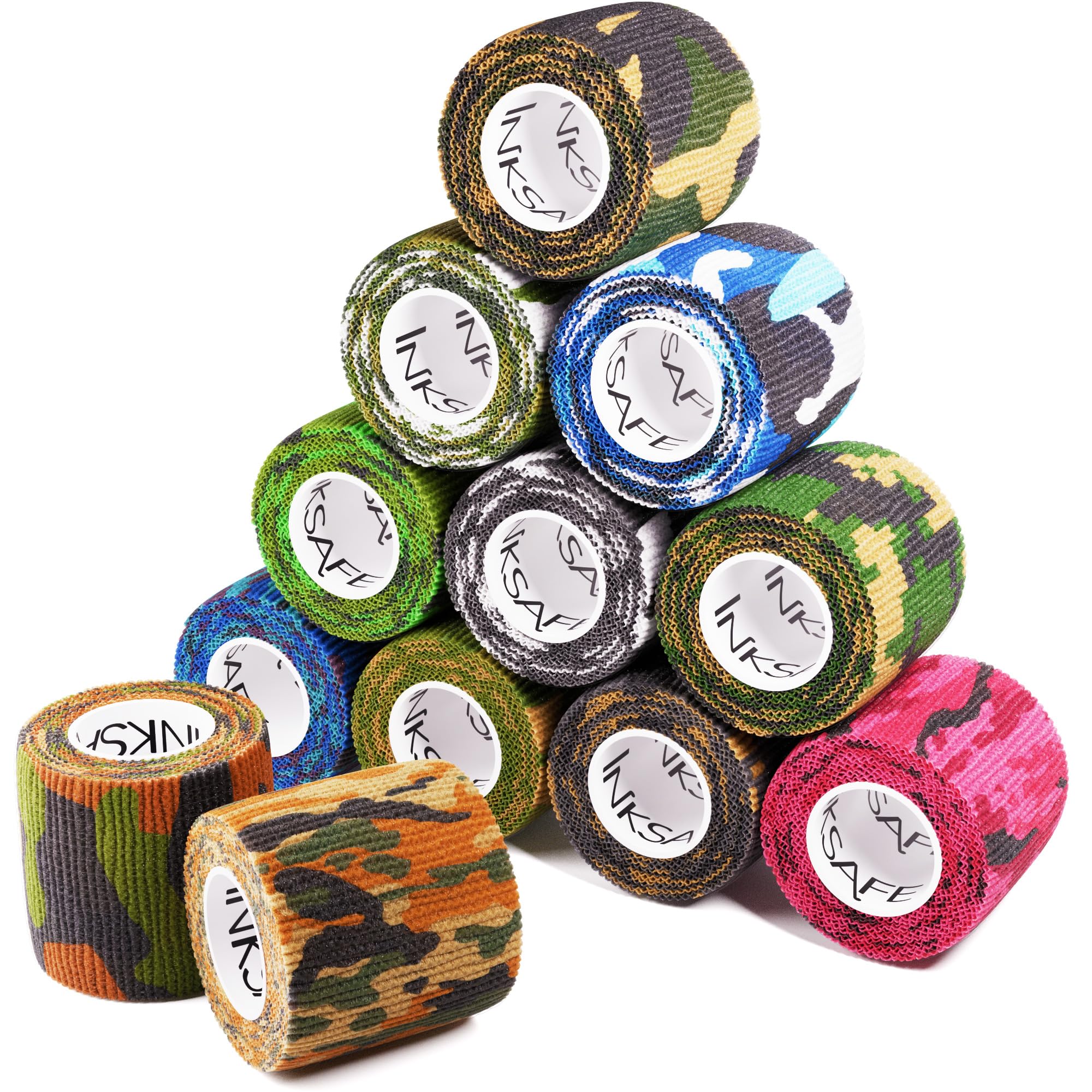 Inksafe Camouflage Assorted Colours Self Adherent Cohesive Bandages 5cm x 4.5m Box of 12 - Uses Include Vet Wrap, Tape for Wrist and Ankle Sprains